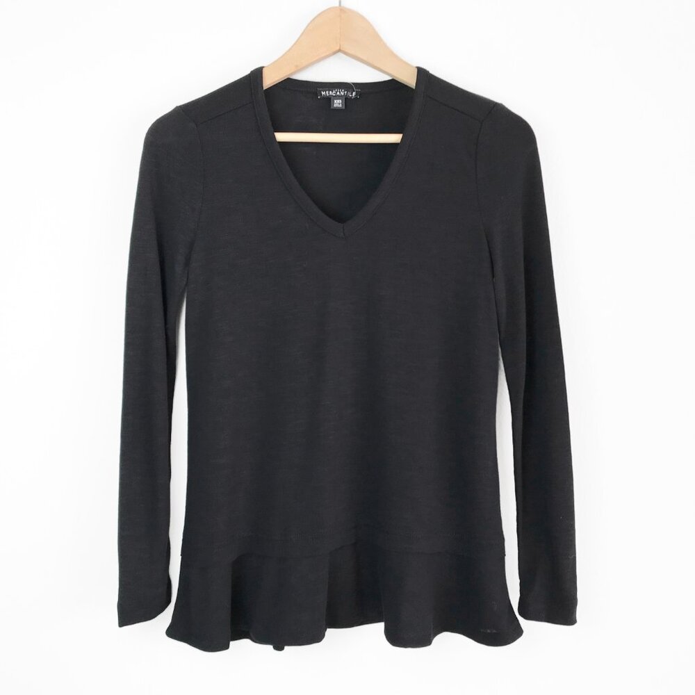 NWT J. Crew Factory Black V-neck Top with Ruffle Bottom XXS